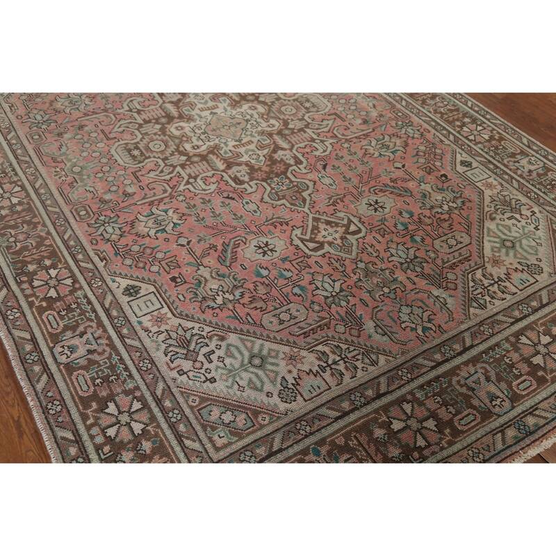 Geometric Tabriz Persian Vintage Area Rug Handmade Pink Wool Carpet - 6'5"x 9'8"