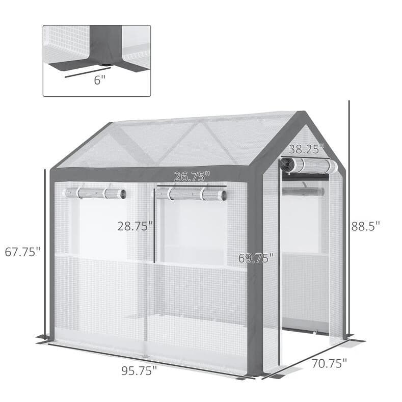 8" L Outdoor Walk-In Tunnel Greenhouse with Roll-up Windows, 2 Zippered Doors, Weather Cover - white
