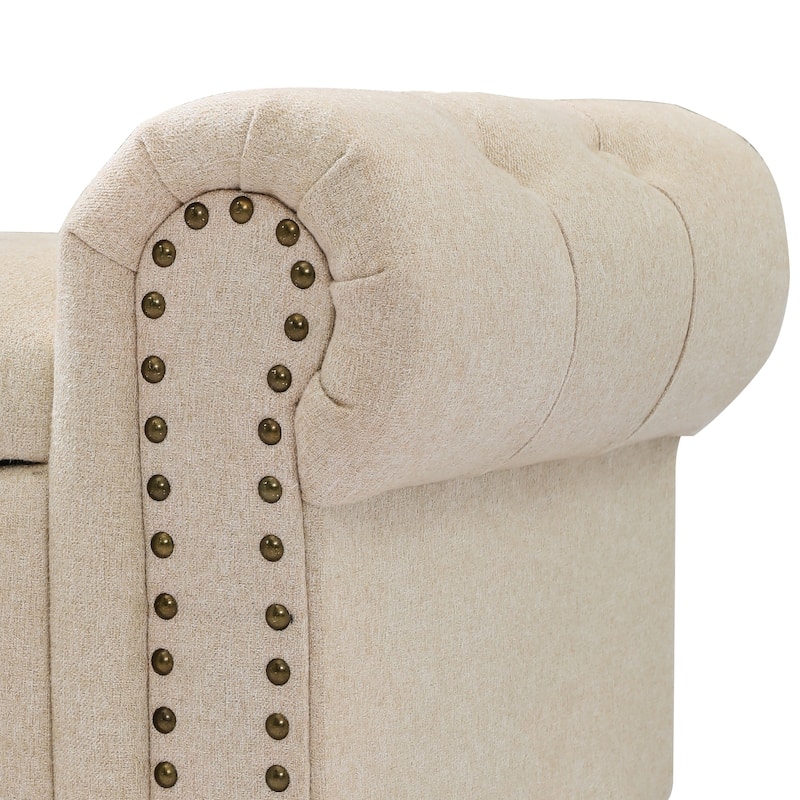 Modern Velvet Upholstered Storage Bench with Silver Nailhead Trim