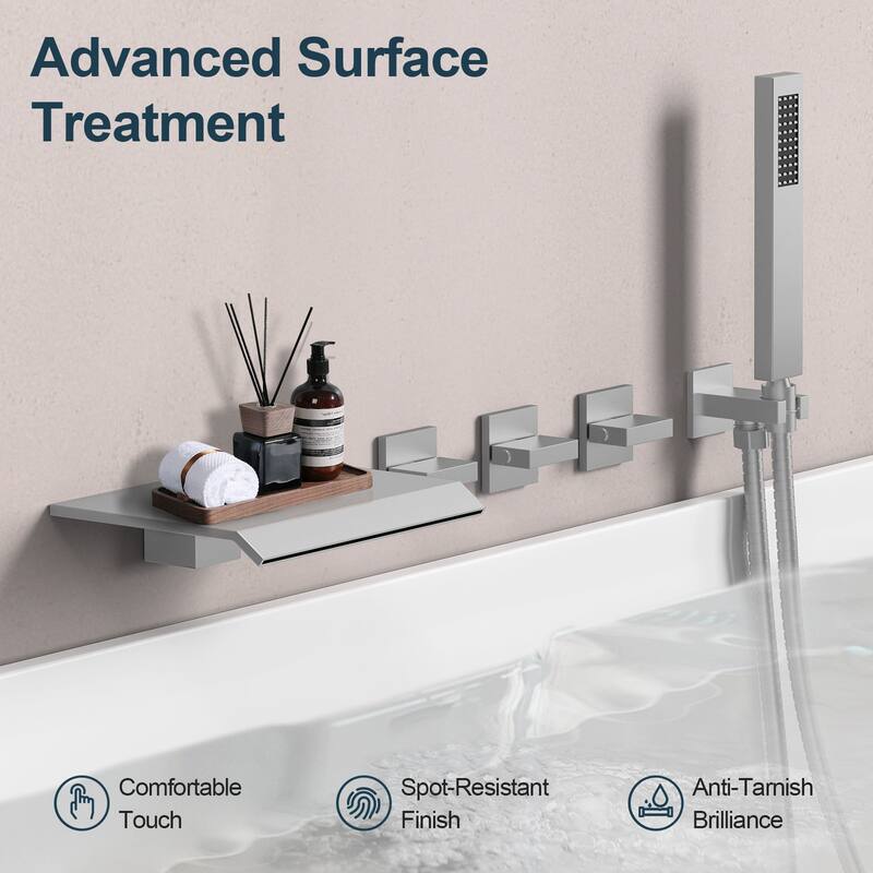 GRANDJOY Wall Mounted 3-Handle Tub Shower Faucet with Handheld Shower and Waterfall Tub Spout