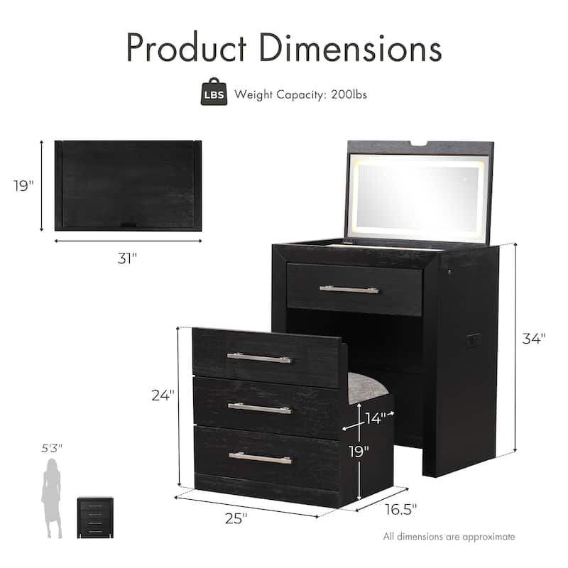 Furniture of America Alaric Modern Black Solid Wood 2-Piece Bedroom Set with 32-inch Makeup Vanity