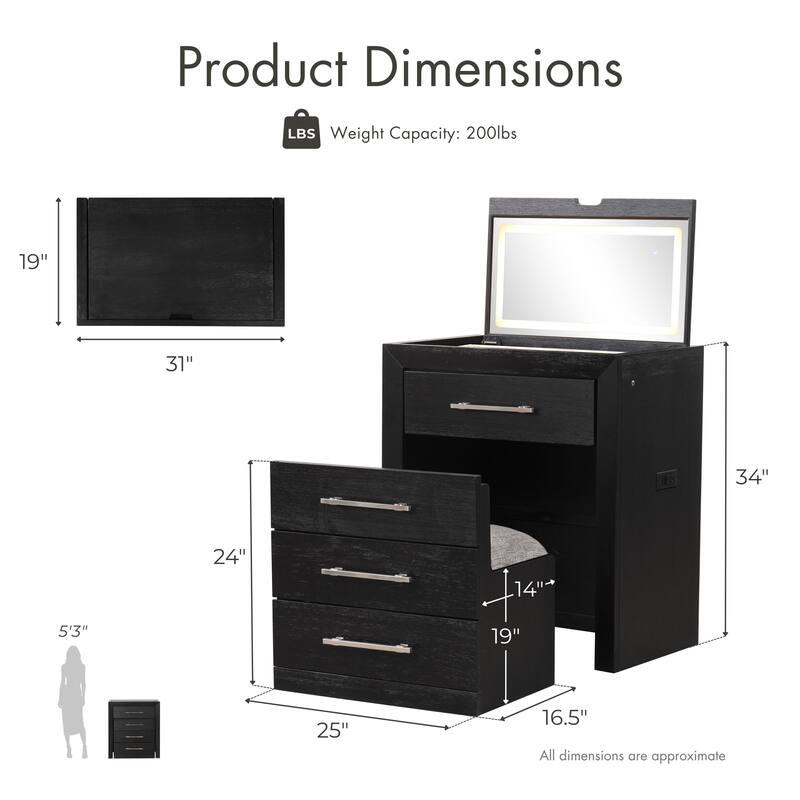 Furniture of America Alaric Modern Wood Black Vanity Set with Storage Stool