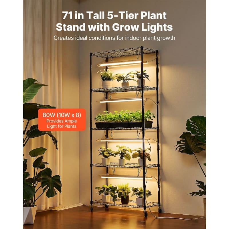 Black Metal 5-Tier Indoor Plant Stand with 8 LED Grow Lights and Timer, 71-Inch Adjustable Shelves on Wheels