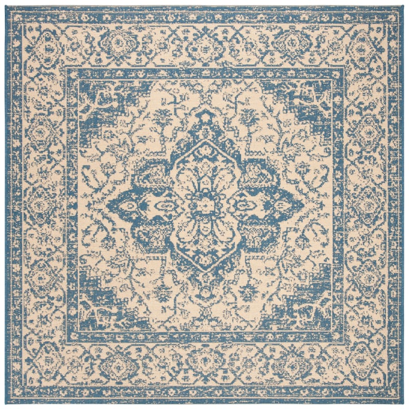 SAFAVIEH Linden Louann Indoor/ Outdoor Waterproof Patio Backyard Rug - 6'7" Square - Cream/Blue