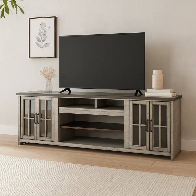 Zeka TV Media Console, 98 Inch w 2 Glass Cabinets, Gray Mahogany Wood