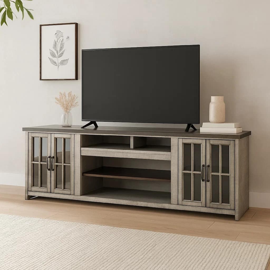 Zeka TV Media Console, 98 Inch w 2 Glass Cabinets, Gray Mahogany Wood