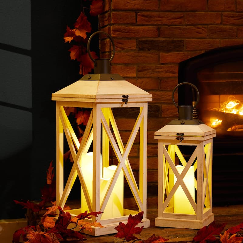 Glitzhome Set of 2 Farmhouse Wooden Lantern Hanging Candle Holders Fall Wedding Decor - 24"+17"