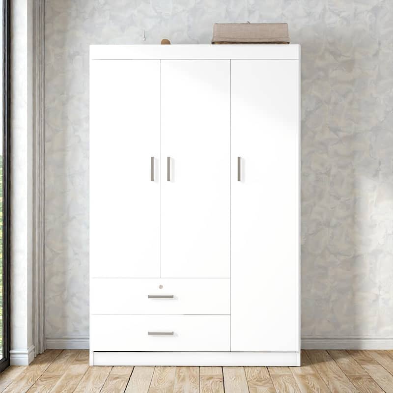 3 Door Wardrobe Closet with 2 Drawers, Modern White Freestanding Armoire Storage Cabinet for Bedroom - White