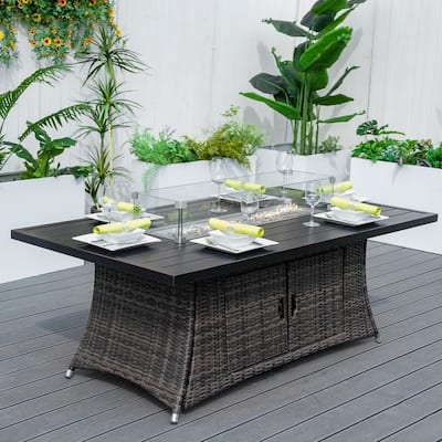 Rattan Fire Pit Table Aluminum Frame with Wind Guard - 71-Inch