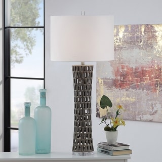StyleCraft Epping Gray Open Work Ceramic Column Table Lamp with Acrylic ...