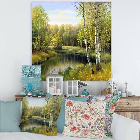 Designart "Birches By The River In Silent Green Nature" Traditional Canvas Wall Art Print