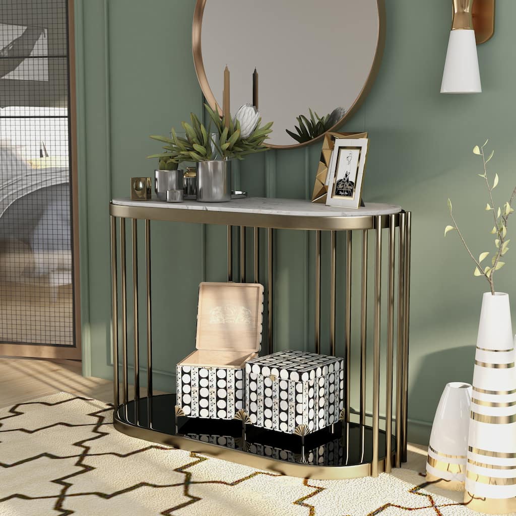 Roberts Glam Brass and White 42-inch Faux Marble 1-Shelf Drum Sofa Table by Furniture of America