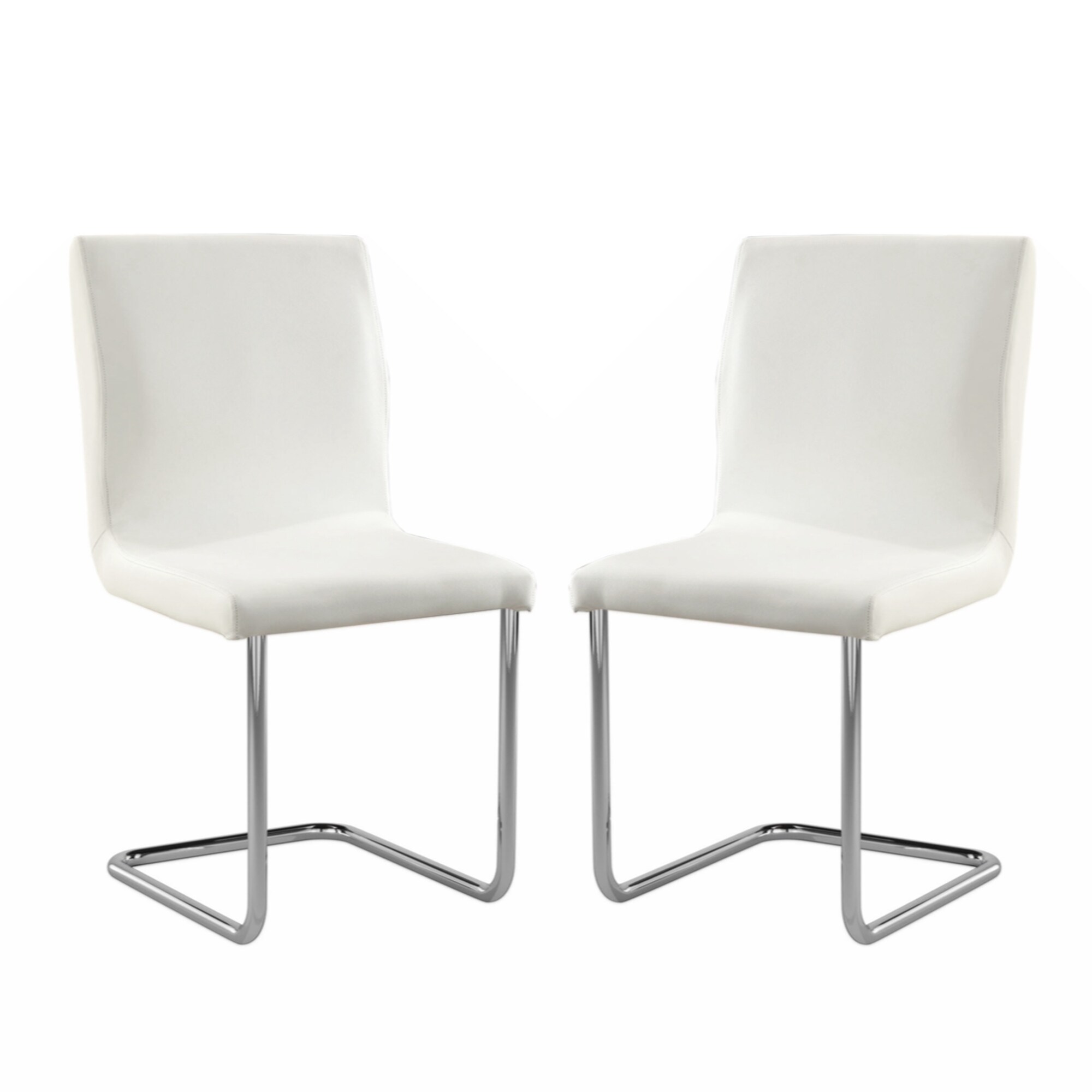 Set of 2 Padded White Leatherette Side Chairs with L-Shape Leg in Chrome Finish