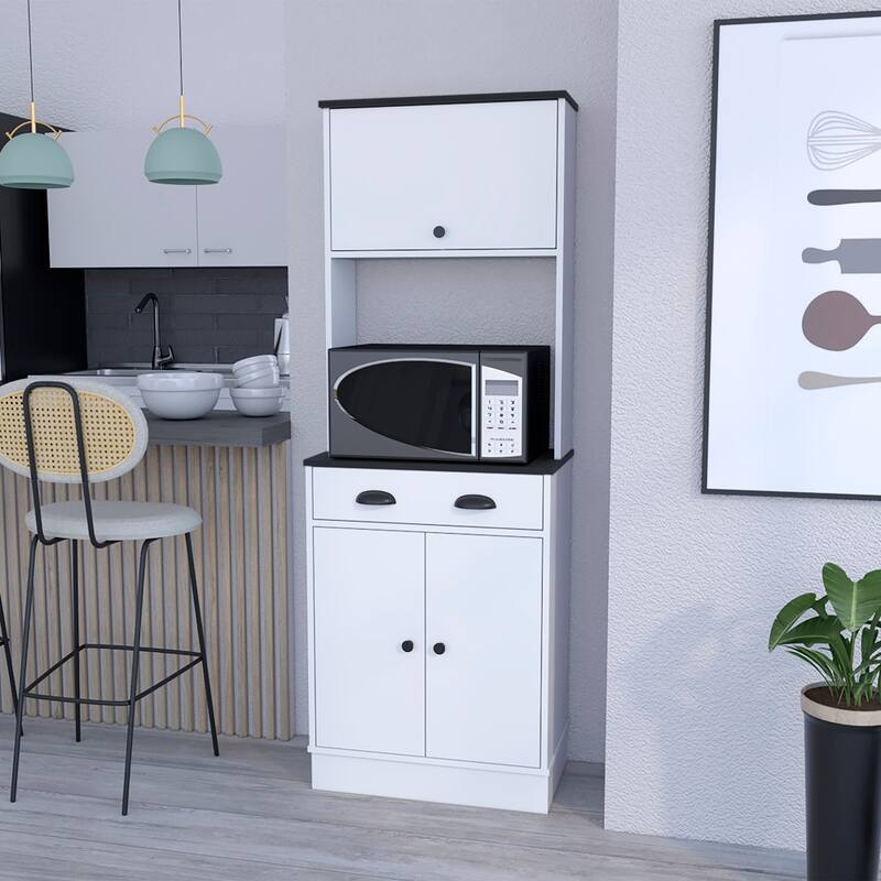 Compact Kitchen Pantry Cabinet Microwave Stand, Engineered Wood and Particle Board - White+Black