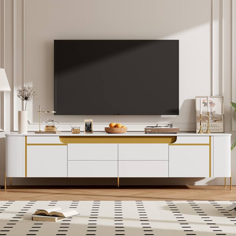 ​Modern Light Luxury TV Stand with 4 Drawers, 2 Storage Cabinets and 4 Metal Legs for Living Room and Home Theater - White