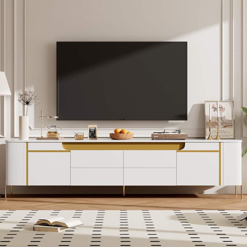 Modern TV Storage Stand with 4 Drawers, 1 Cabinet, Wood Entertainment Center with Gold Legs for Living Room,TVs up to 80" - White