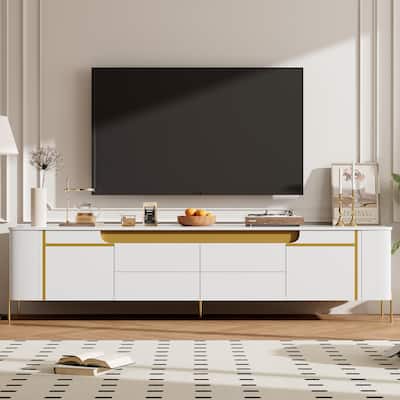 Modern TV Storage Stand with 4 Drawers, 1 Cabinet, Wood Entertainment Center with Gold Legs for Living Room,TVs up to 80"