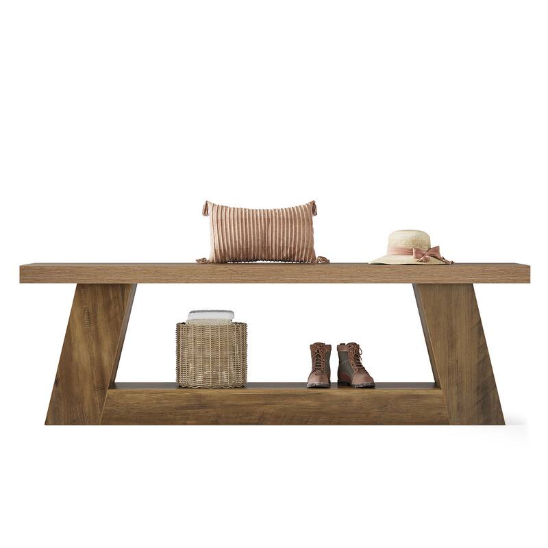 Wooden Entryway Bench with Storage Shelf, 63" Rustic Extra Long Bench