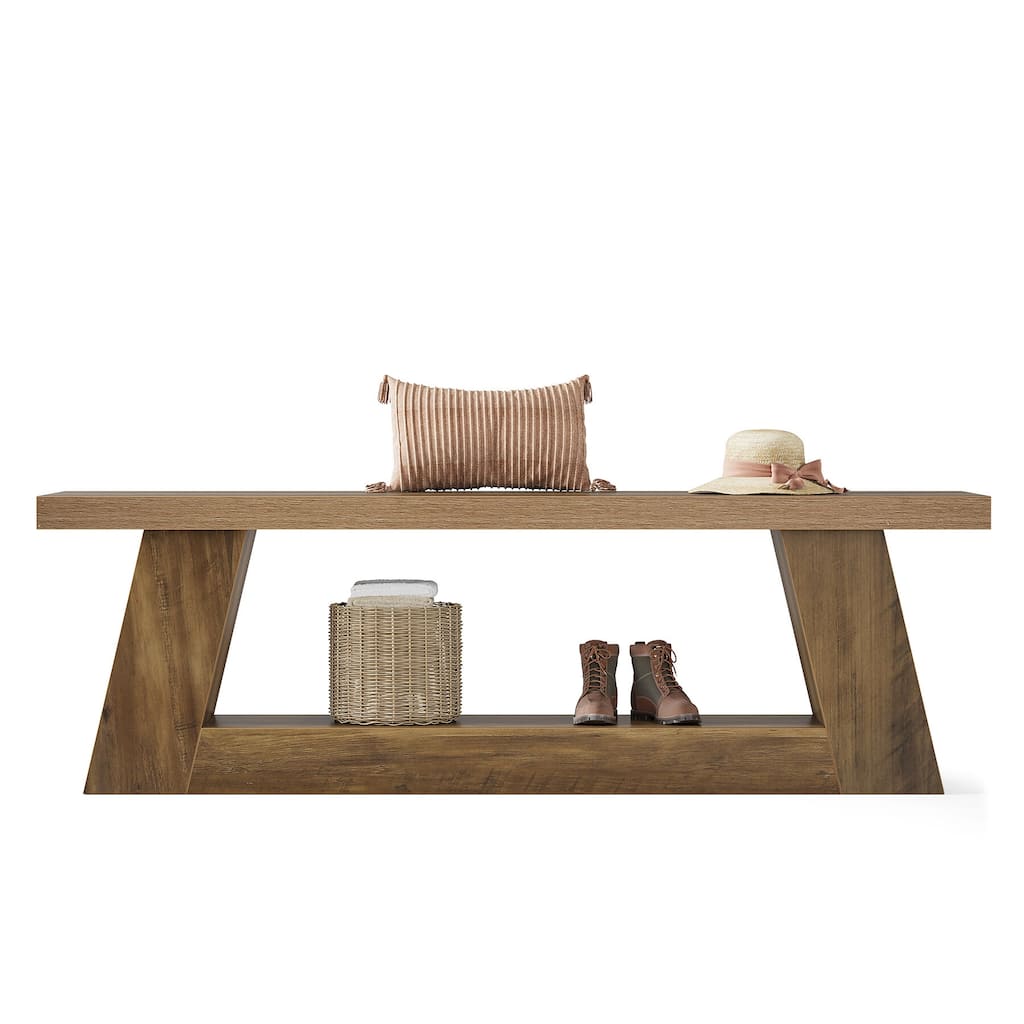 Wooden Entryway Bench with Storage Shelf, 63" Rustic Extra Long Bench