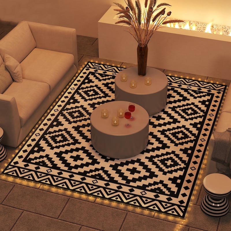 Outsunny Reversible Outdoor Rug Carpet, 10' x 8' Waterproof PP Plastic Straw Rug, Portable RV Camping Mat - 8' x 10' - Black