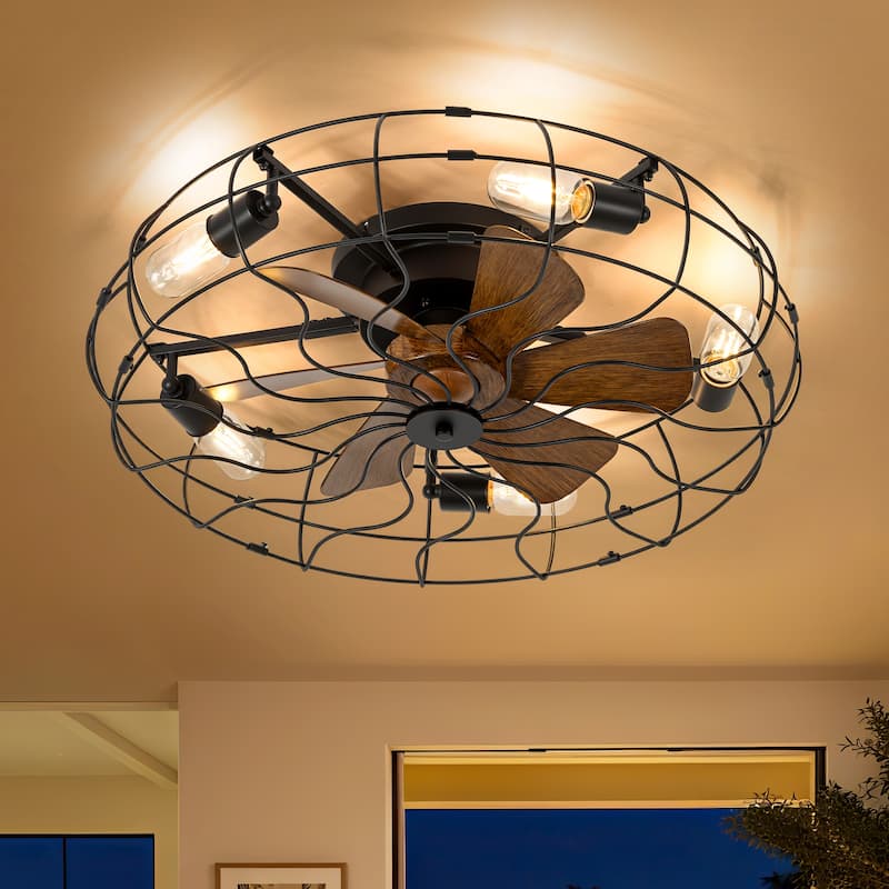 16.5"/19"/20"/23.6" Vintage Distressed White Low Profile Ceiling Fan with Remote (7/6-Blade) - 23.6-inch - Matte Black with Wood Grain Blades