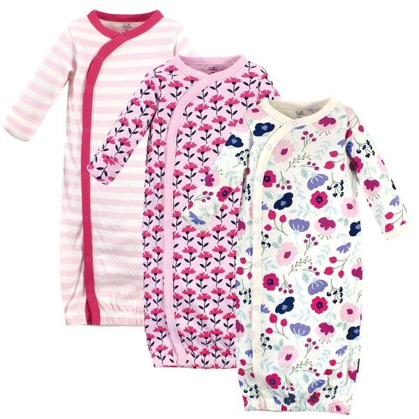 slide 1 of 1, Touched by Nature Baby Girl Organic Cotton Side-Closure Snap Long-Sleeve Gowns 3pk, Pink Botanical 0-6 Months - Pink Botanical