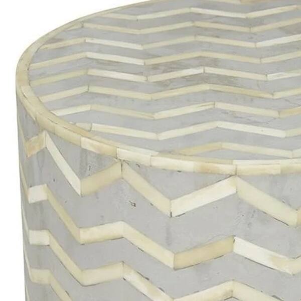 Zigzag Bone Inlay Round Drum Side and End Table Size L Bed Bath