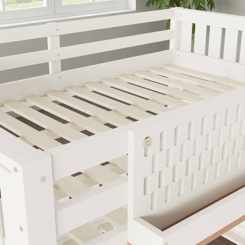 Queen over Queen Bunk Bed with Ladder, Guardrails, Pegboard Storage & Built-In Bookshelf, Solid Wood Frame