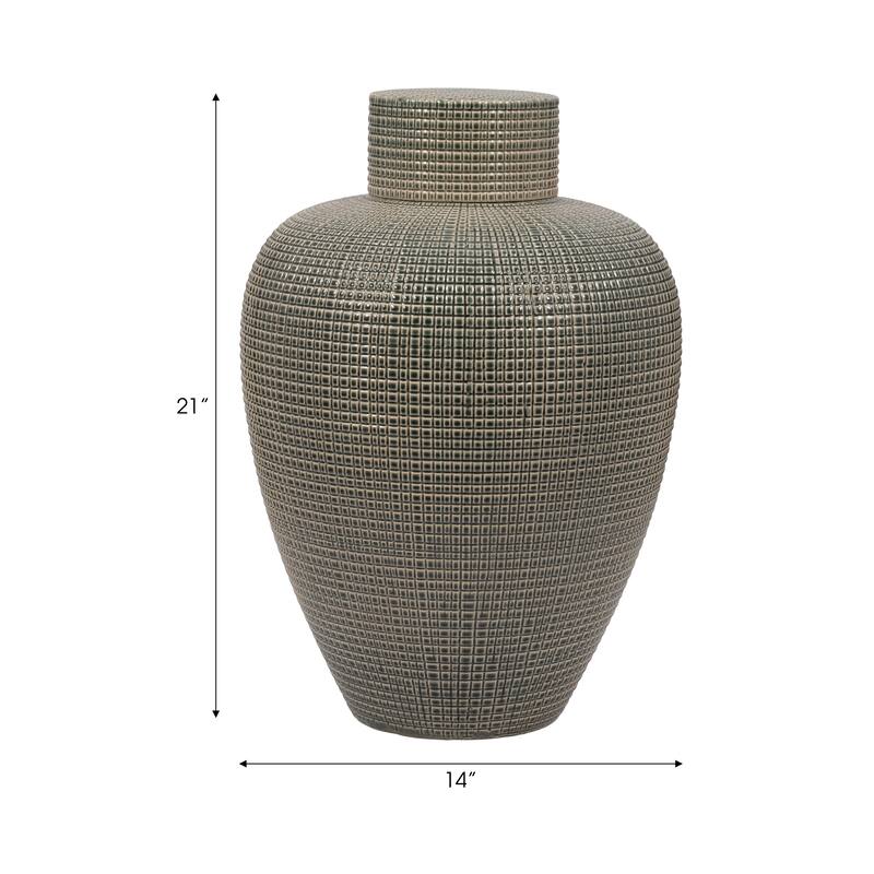 Sagebrook Home Dempsey Green Lidded Jar - Stoneware, Green, Checkered, Bud, Elegant Color, Perfect Accent Piece