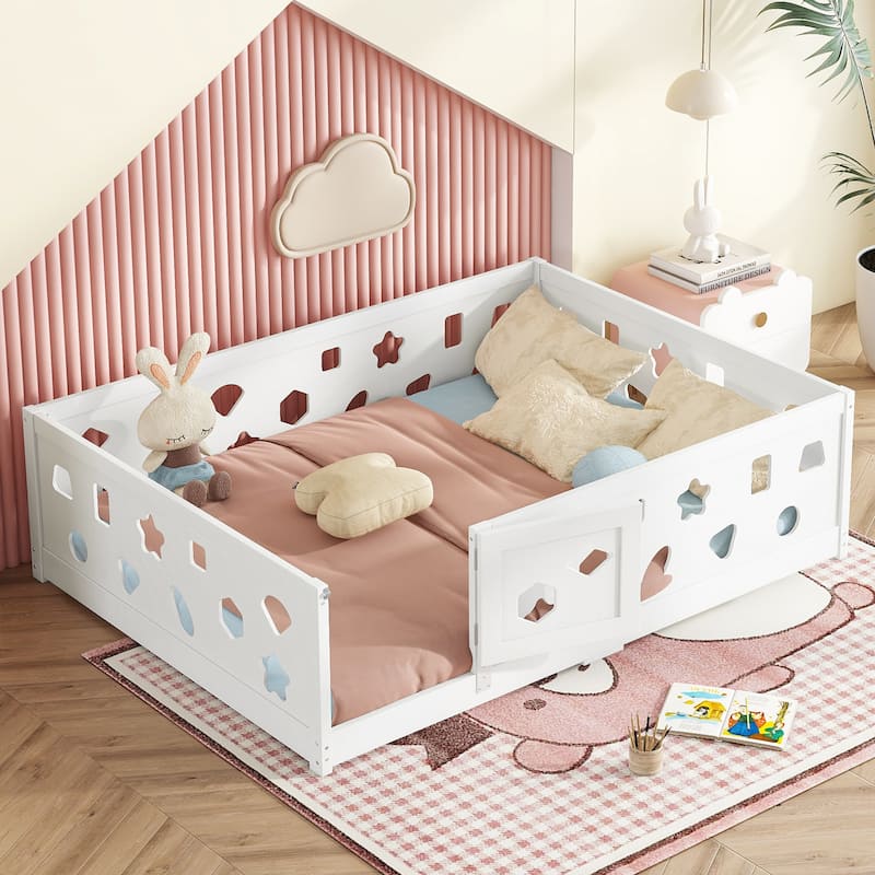 Full Size Montessori Floor Bed with Safety Guardrails & Door - 300LB Capacity