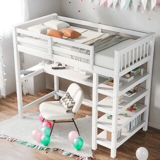 Twin Size Loft Bed with Storage Shelves and Under-bed Desk,Space-saving,White