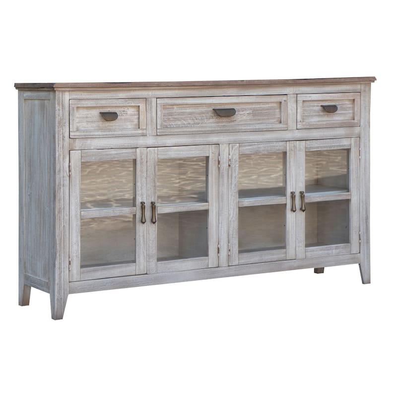 HomeRoots 67" White Solid and Manufactured Wood Distressed Credenza - 67.00 in. x 40.00 in. x 17.00 in.