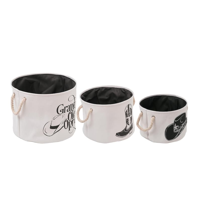American Art Decor Grand Ole Opry Boot and Cowboy Hat Printed Fabric Basket with Handles, Set of 3 - 11.5" x 15" - Black