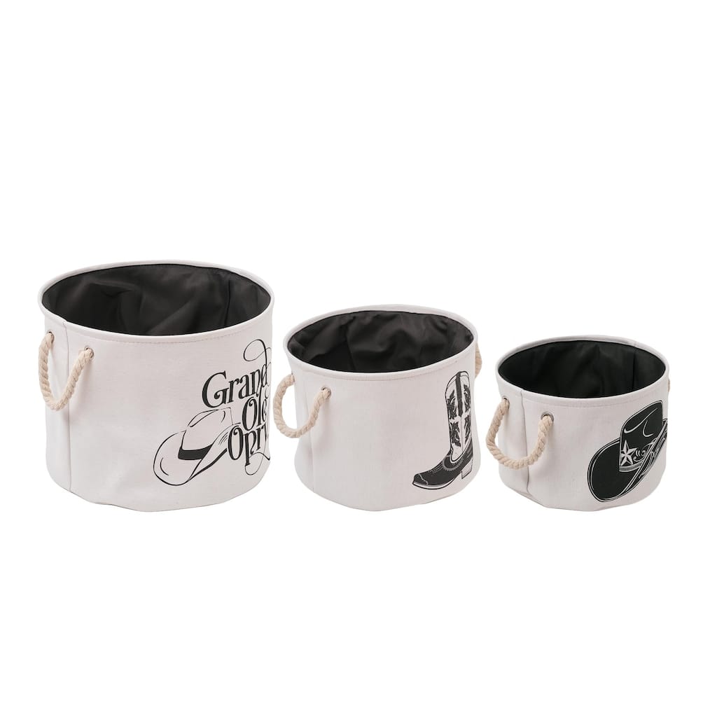 American Art Decor Grand Ole Opry Boot and Cowboy Hat Printed Fabric Basket with Handles, Set of 3 - 11.5" x 15"