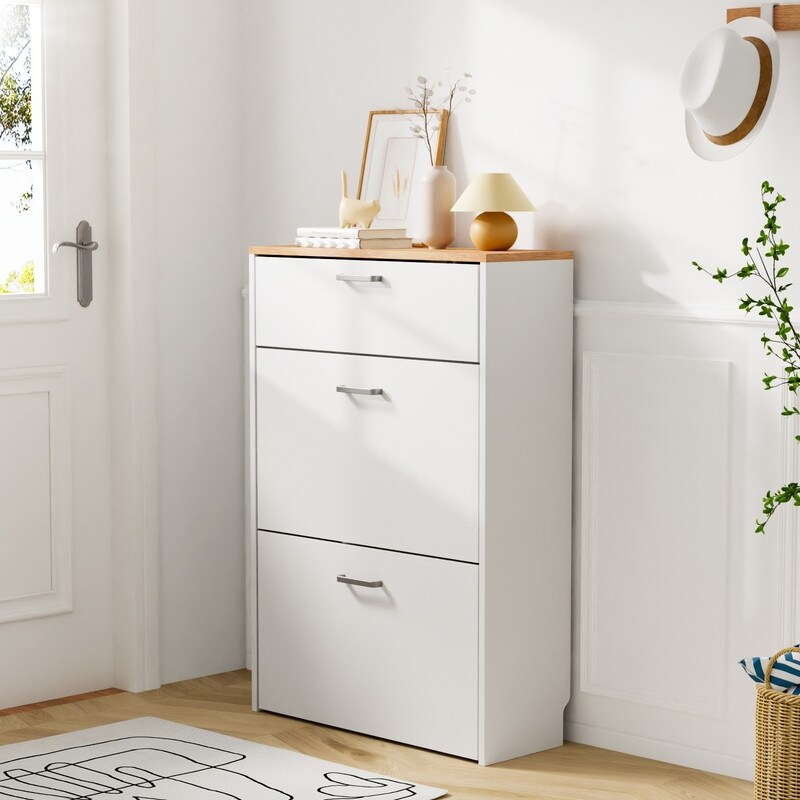 Hidden Shoe Cabinet with 3 Flip Drop Down Door White Oak