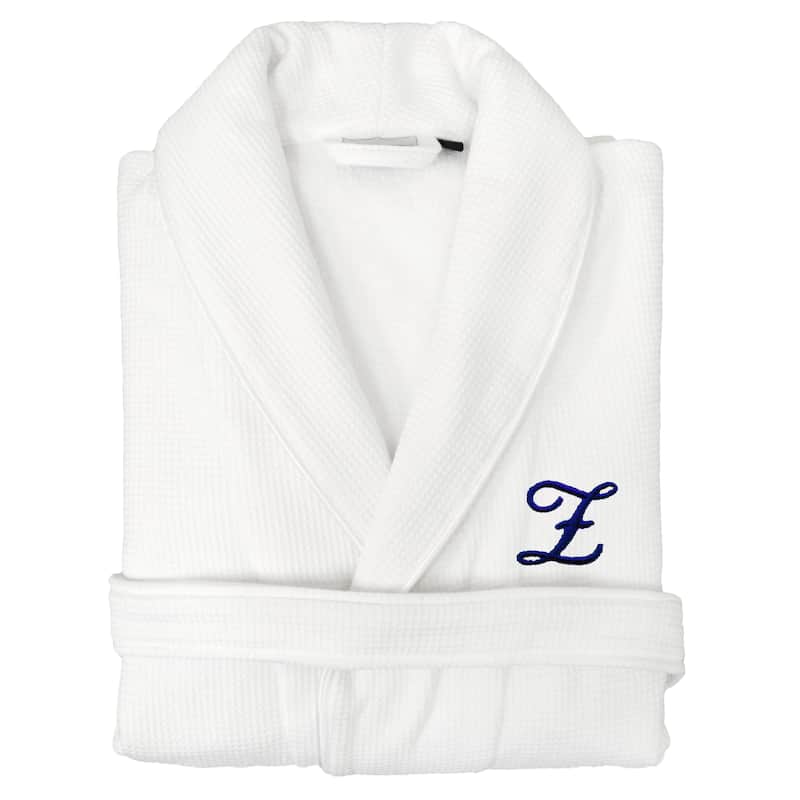 Authentic Hotel and Spa Unisex Navy Blue Monogrammed Turkish Cotton Waffle Weave Terry Bath Robe - Z - S/M