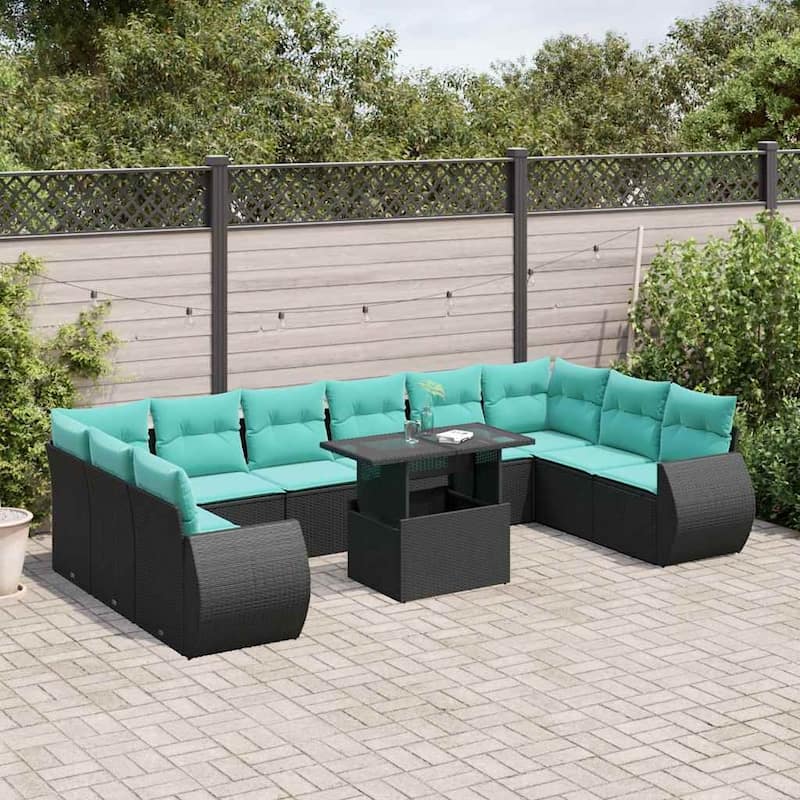 vidaXL Patio Sofa Set with Cushions and Table Outdoor 11 Piece Poly Rattan - 24.4 x 24.4 x 27.2 - Black