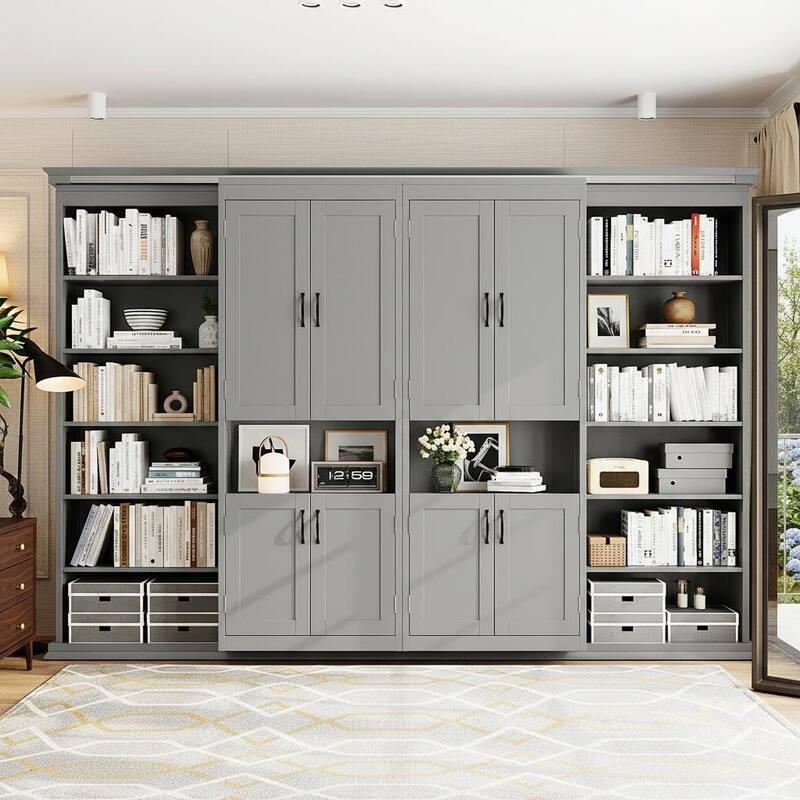 Queen Murphy Bed Wall System with Dual Glide Cabinets & 6-Tier Mega Storage by Harper&Bright Designs - Grey
