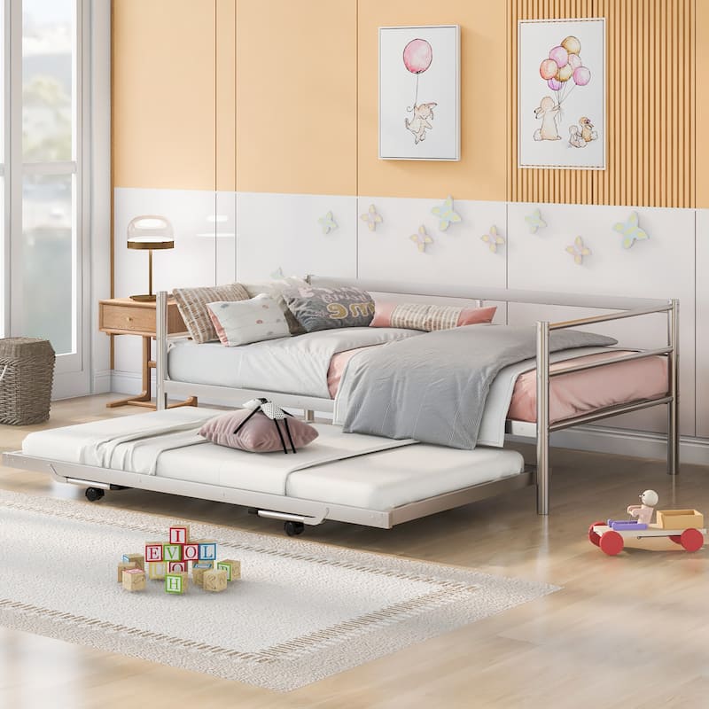 Twin Size Metal Daybed with Adjustable Trundle