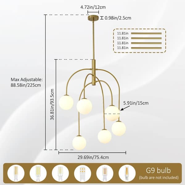 Mid Century Modern Chandelier Gold 6 Light Glass Globe Sputnik Ceiling ...