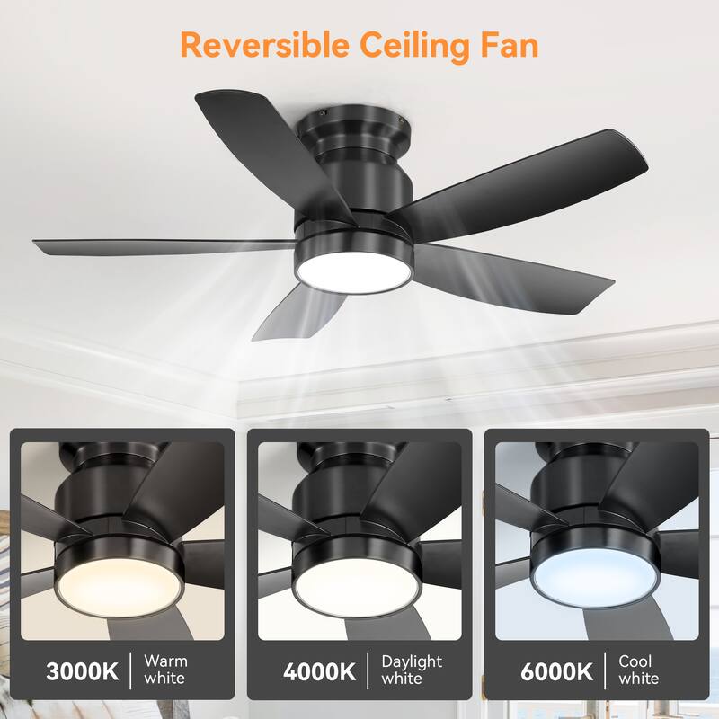 42 Inch Flush Mount Ceiling Fans with LED Light 22W and Remote Control 5 ABS Fan Blades for Bedroom - Black