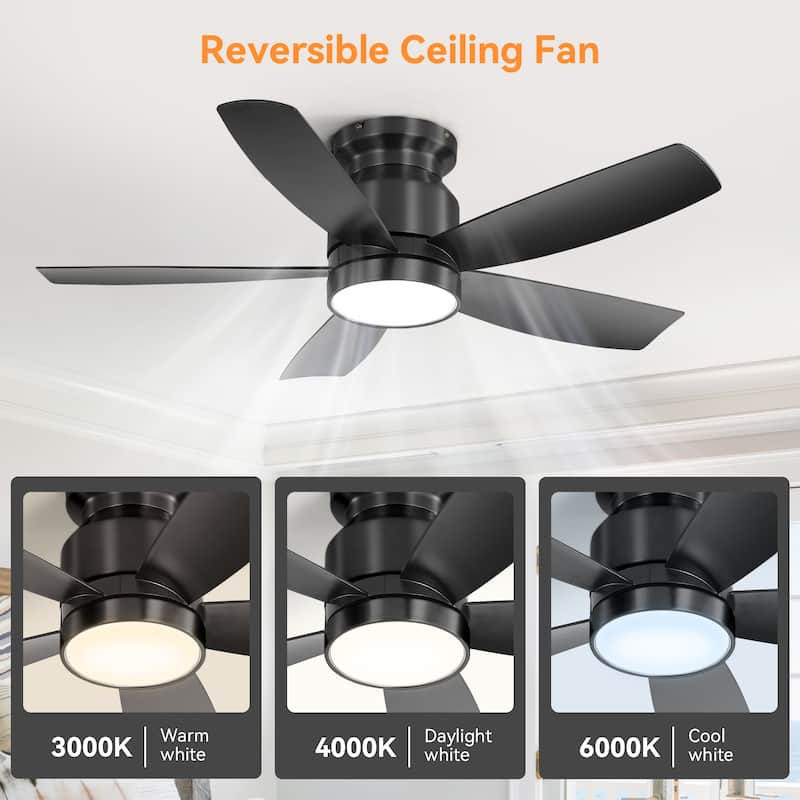 42 Inch Flush Mount Ceiling Fans with LED Light and Remote Control 5 ABS Fan Blades - Black