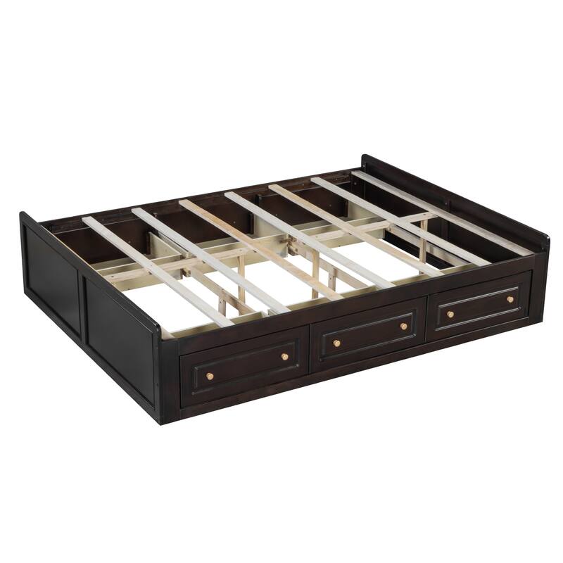 Wood Queen Size Platform Bed Frame with 6 Drawers