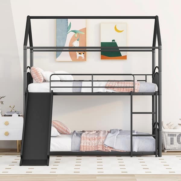 slide 2 of 10, Twin Over Twin Metal Bunk Bed With Slide,Kids House Bed Black