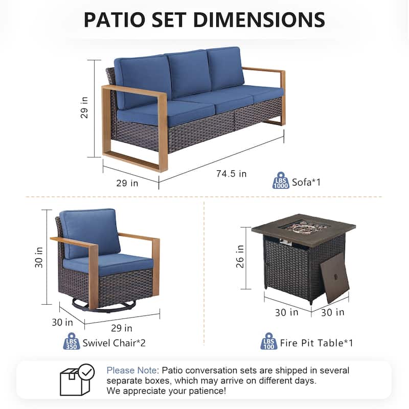 Pocassy Outdoor Fire Pit with 3-Seat Sofa Swivel Chairs Patio Furniture Set