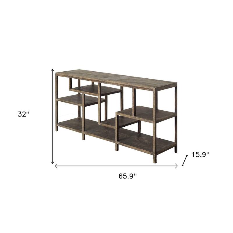 HomeRoots 66" Brown Solid Wood Frame Console Table Five Shelves - 65.9