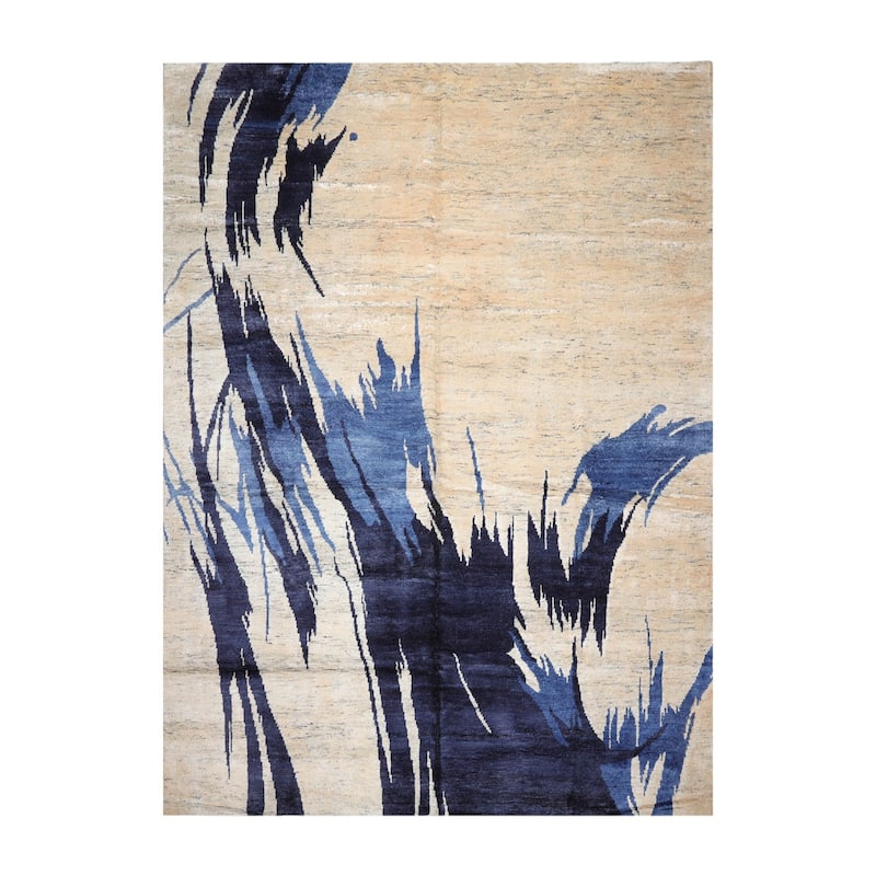 Hand Knotted Beige,Ivory Tibetan Bamboo Silk Modern Oriental Area Rug - 10' 1'' x 14'