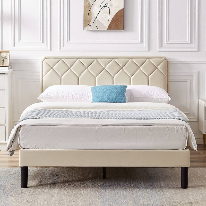 VECELO 3-Pieces Upholstered Platform Bed Frame with Adjustable Headboard and Nightstands Set of 2, Beige