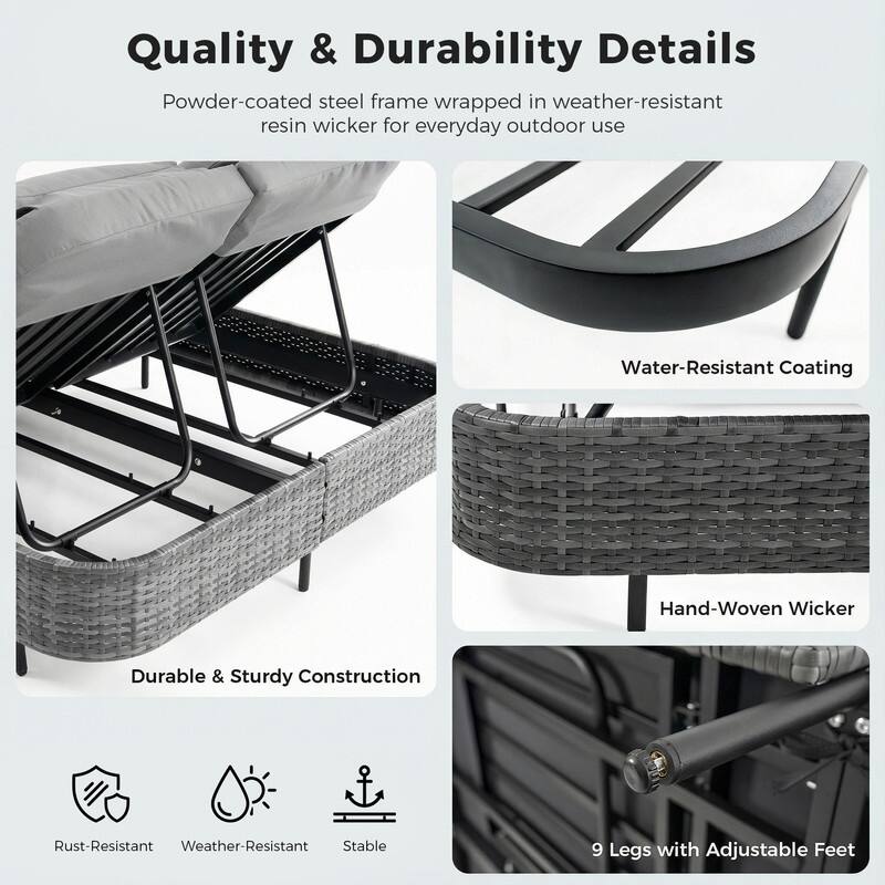 2-Person Outdoor Double Chaise Lounge, Wicker Patio Reclining Daybed with 6-Position Backrests, 4" Cushions, 800 lb Capacity