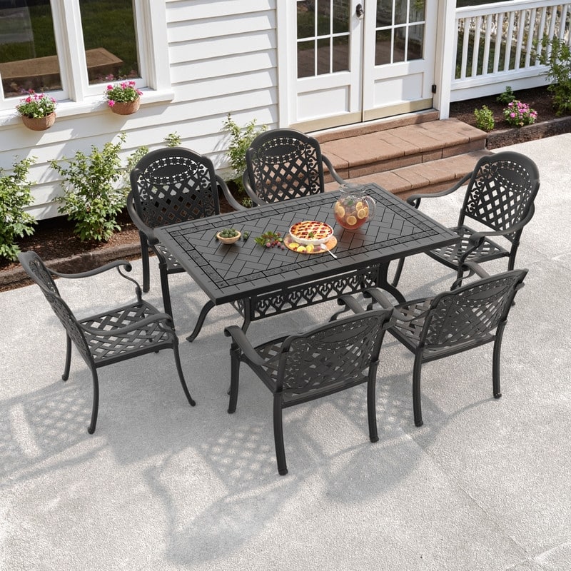 5/7-Piece Cast Aluminum Outdoor Dining Set with 59.06'' L X 35.43'' W Rectangular Table and Seat Cushions